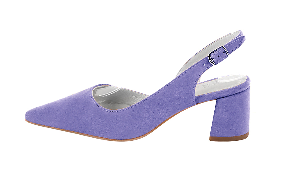 Lavender purple women's slingback shoes. Pointed toe. Medium flare heels. Profile view - Florence KOOIJMAN